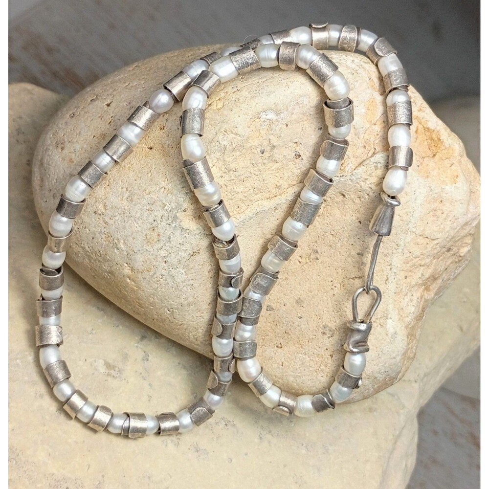 Vintage Sterling Silver Pearl Beaded Necklace 17" Mid Century Modernist